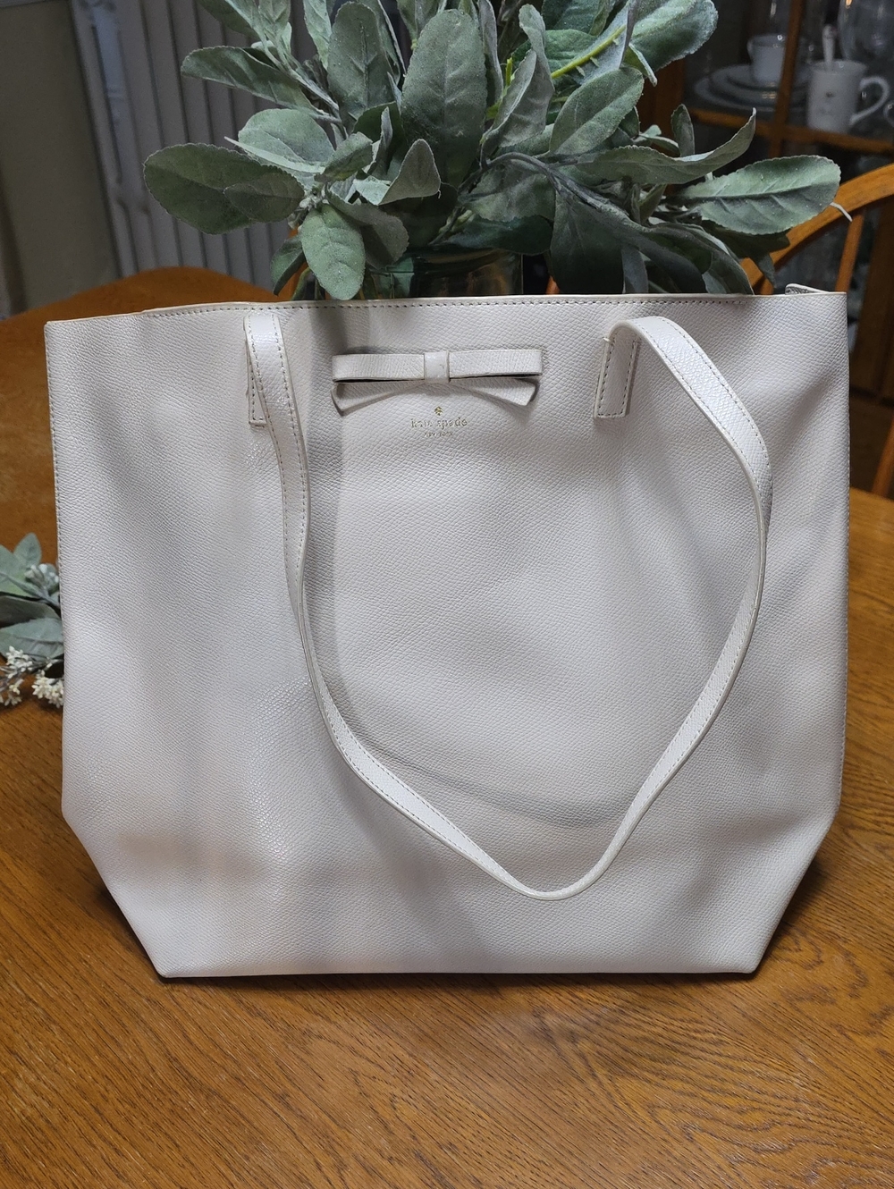 kate spade Cream Pebbled Leather Tote with Bow Accent